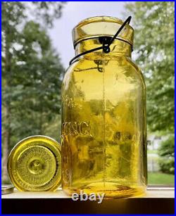 Antique Fruit Jar 1880s Straw Yellow Trademark Lightning Pale Amber Quart + Lid