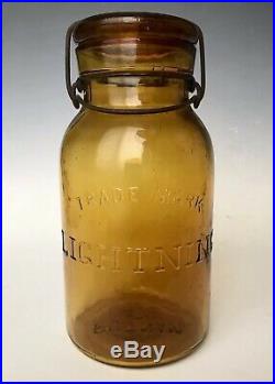 Antique Fruit Jar 1880s Trademark Lightning Crude Light Amber Putnam 403 Quart