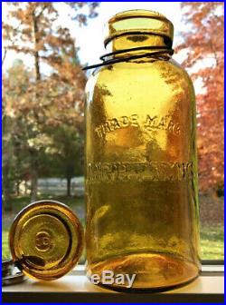 Antique Fruit Jar Trademark Lightning Crude Amber Half-Gallon with Lid, Putnam 69