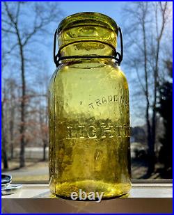 Antique Fruit Jar Trademark Lightning Yellow Olive Amber Quart + Lid, Putnam 83