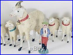 Antique German Boxed Set of Putz 10 Stick-Leg Sheep / Large Ram / Sheppard Boy