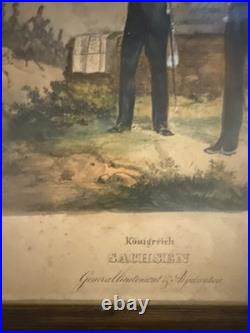 Antique German Military Uniform Lithograph Prints Austria Saxony Framed Set