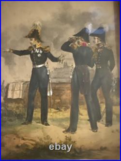 Antique German Military Uniform Lithograph Prints Austria Saxony Framed Set