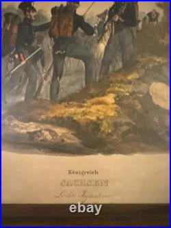 Antique German Military Uniform Lithograph Prints Austria Saxony Framed Set