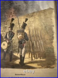 Antique German Military Uniform Lithograph Prints Austria Saxony Framed Set