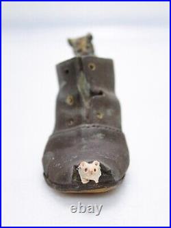 Antique Germany Terra Cotta Miniature Cat & Mouse in Shoe Figurine Sculpture
