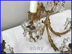 Antique Gilt Bronze Crystal Beaded French Chandelier Wall Sconces Pair 4 Light