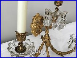 Antique Gilt Bronze Crystal Beaded French Chandelier Wall Sconces Pair 4 Light