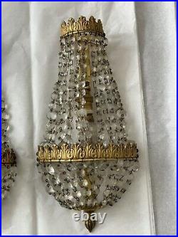 Antique Gilt Bronze Crystal Beaded French Chandelier Wall Sconces Pair Petite
