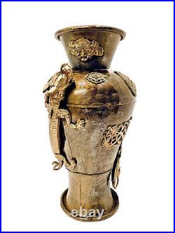 Antique Hand Crafted 13 Japanese Mixed Metal Double Dragon Vase