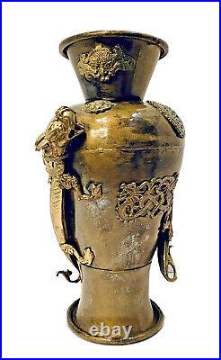 Antique Hand Crafted 13 Japanese Mixed Metal Double Dragon Vase