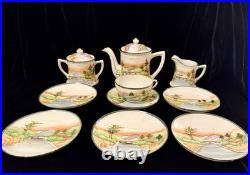 Antique Hand Painted Nippon Porcelain Tea Set Landscape Sunset Teapot Creamer