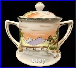 Antique Hand Painted Nippon Porcelain Tea Set Landscape Sunset Teapot Creamer