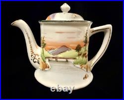 Antique Hand Painted Nippon Porcelain Tea Set Landscape Sunset Teapot Creamer