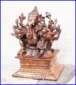 Antique Handmade Copper God Lakshmi Ganesh Statue Rich Patina Collectible 3.5'