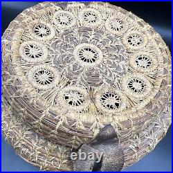 Antique Handmade Woven Pine Needle Basket Purse Handbag Leather Old Homestead