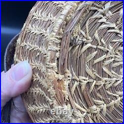 Antique Handmade Woven Pine Needle Basket Purse Handbag Leather Old Homestead