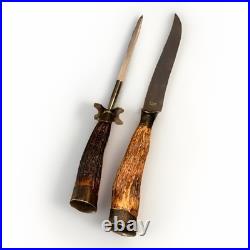 Antique Hasselbring Stag Knife and Sharpener Set Sterling Silver Stag Handles