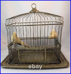 Antique Hendryx Brass Bird Cage with Two Decorative Birds Perched Inside