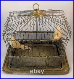 Antique Hendryx Brass Bird Cage with Two Decorative Birds Perched Inside Antique Hendryx Brass Bird Cage with Two Decorative Birds Perched Inside