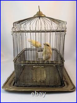 Antique Hendryx Brass Bird Cage with Two Decorative Birds Perched Inside