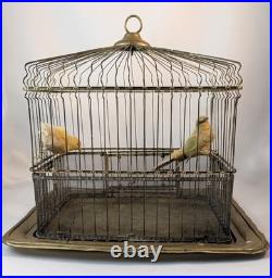 Antique Hendryx Brass Bird Cage with Two Decorative Birds Perched Inside