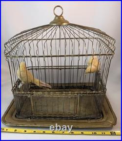 Antique Hendryx Brass Bird Cage with Two Decorative Birds Perched Inside