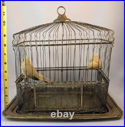 Antique Hendryx Brass Bird Cage with Two Decorative Birds Perched Inside