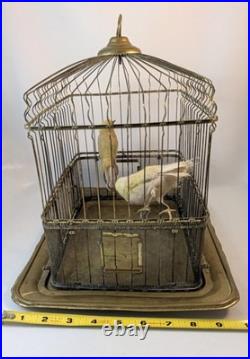 Antique Hendryx Brass Bird Cage with Two Decorative Birds Perched Inside