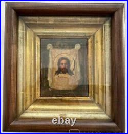 Antique Icon Savior Not Made by Hands Jesus Christian Case Wood Paint Rare 19th