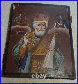 Antique Icon St. Nicholas the Wonderworker Christian Wood Paint Rare Old 19th