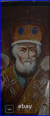 Antique Icon St. Nicholas the Wonderworker Christian Wood Paint Rare Old 19th
