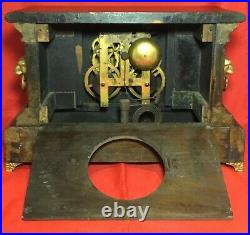 Antique Ingraham Wood Mantle Clock Pendulum Lion Heads Four Columns Works Key