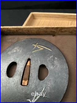 Antique Iron Japanese Sword Tsuba Damascene Round Guard 202g 8cm