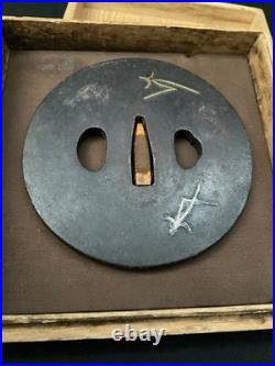 Antique Iron Japanese Sword Tsuba Damascene Round Guard 202g 8cm