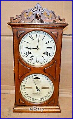 Antique Ithaca Double Dial Calendar Clock 8 Day Time & Strike Farmer No. 10
