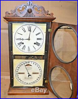 Antique Ithaca Double Dial Calendar Clock 8 Day Time & Strike Farmer No. 10
