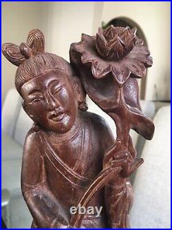Antique Japanese Female Buddha Hand Carved Wood Statue Vintages Rare