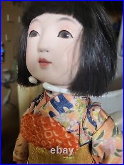 Antique Japanese Ichimatsu Girl Doll Pink Kimono Full Length 16.5in(42cm)
