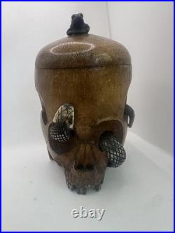 Antique Japanese Skull, Snake & Frog Tobacco Cigar Humidor Hand-carved Folk Art