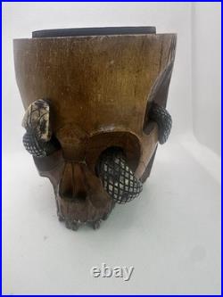 Antique Japanese Skull, Snake & Frog Tobacco Cigar Humidor Hand-carved Folk Art