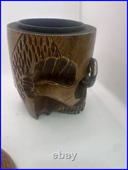 Antique Japanese Skull, Snake & Frog Tobacco Cigar Humidor Hand-carved Folk Art