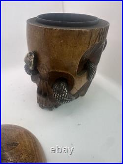Antique Japanese Skull, Snake & Frog Tobacco Cigar Humidor Hand-carved Folk Art