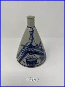 Antique Japanese Tokkuri Saki Ceramic Bottle Blue White Vase Signed by Artist