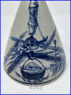 Antique Japanese Tokkuri Saki Ceramic Bottle Blue White Vase Signed by Artist