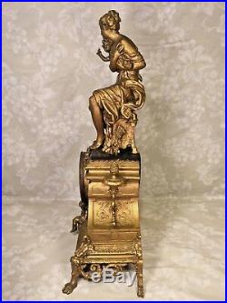 Antique Japy Freres Gold and Black French Clock Woman with Cupid Topper