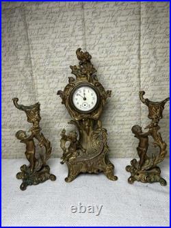 Antique Jennings Brothers 1891 Rococo Clock & Cherub Garniture Set Working