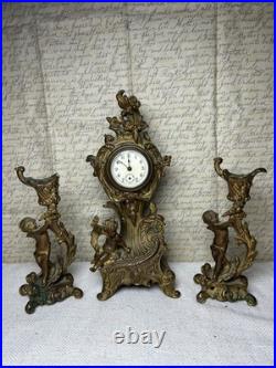 Antique Jennings Brothers 1891 Rococo Clock & Cherub Garniture Set Working