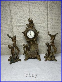 Antique Jennings Brothers 1891 Rococo Clock & Cherub Garniture Set Working