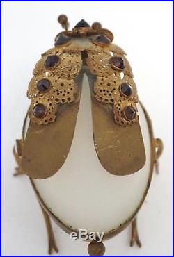 Antique Jeweled French Ormolu Bronze Insect Opaline Egg Trinket Box Casket
